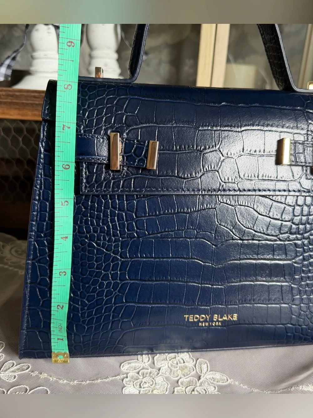 NWOT Teddy Blake Navy Croc-Embossed Leather Top Handle Bag Purse